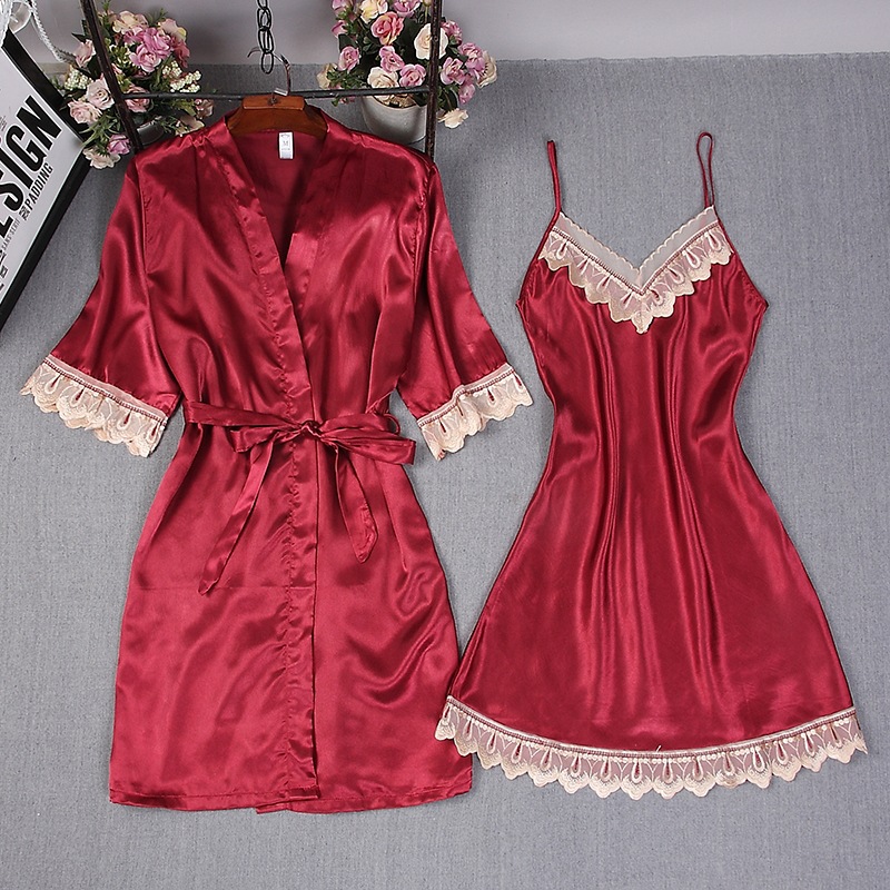 Robe Silk Women - Moda feminina borgonha falso seda robe
