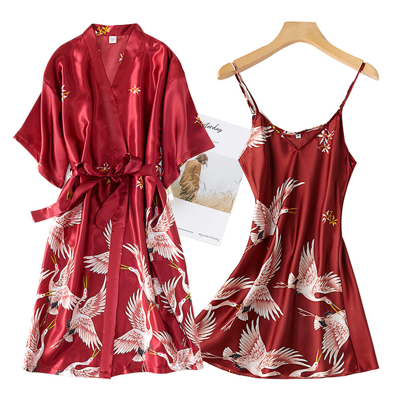 Robe Silk Women - Borgonha Faux Silk Robe Sets feminino,
